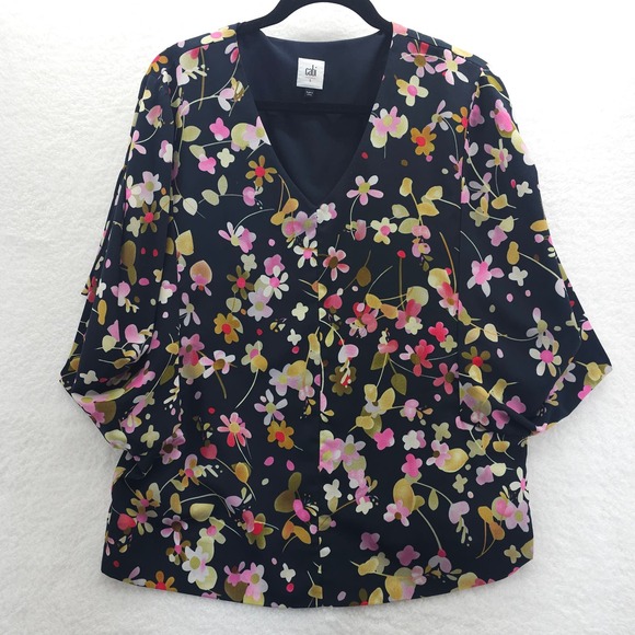 Cabi Charm Floral Blouse Small Black Origami Sleeve Oversized - Picture 1 of 10